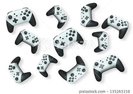 Wireless gaming controllers flying in air isolated on white background, symbolizing gaming technology concept 135263158