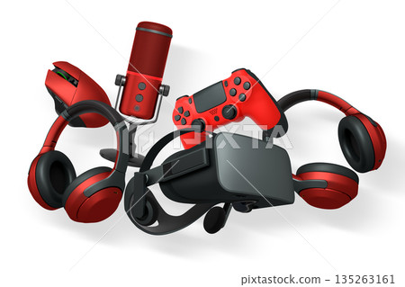 Collection of gaming accessories including headset, controller, microphone, and VR gear on white background with clipping path Collection of gaming accessories including headset, controller, microphone, and VR gear on white background with clipping path 135263161
