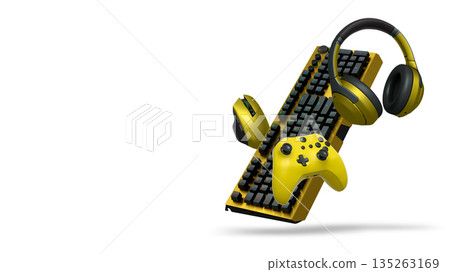 Gaming headset, console controller, ergonomic mouse, and RGB keyboard isolated on white background with clipping path Gaming headset, console controller, ergonomic mouse, and RGB keyboard isolated on white background with clipping path 135263169
