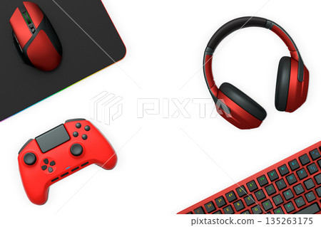 Gaming mouse, controller, RGB keyboard and headphones displayed in flat lay style isolated on white background with clipping path. 135263175