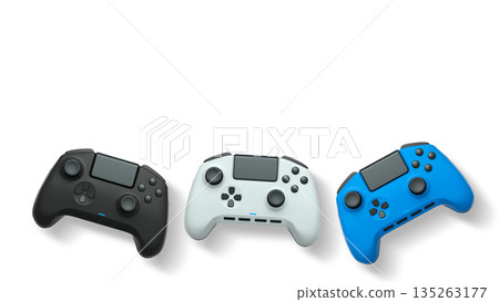 Wireless gaming controllers flying in air isolated on white background, symbolizing gaming technology concept 135263177