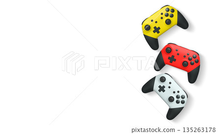 Wireless gaming controllers flying in air isolated on white background, symbolizing gaming technology concept 135263178