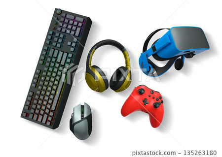 Collection of gaming accessories like headset, mouse, controller, keyboard, and VR gear on white background with clipping path Collection of gaming accessories like headset, mouse, controller, keyboard, and VR gear on white background with clipping path 135263180