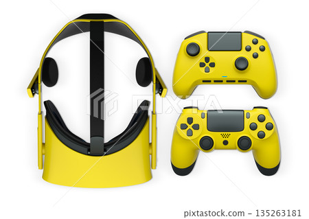 Virtual reality headset with gaming controllers, isolated on white background with clipping path, concept of immersive gaming Virtual reality headset with gaming controllers, isolated on white background with clipping path, concept of immersive gaming 135263181