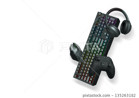 Gaming headset, console controller, ergonomic mouse, and RGB keyboard isolated on white background with clipping path Gaming headset, console controller, ergonomic mouse, and RGB keyboard isolated on white background with clipping path 135263182