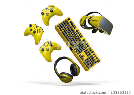 Collection of gaming accessories including headset, controller, keyboard, and VR gear on white background with clipping path Collection of gaming accessories including headset, controller, keyboard, and VR gear on white background with clipping path 135263183