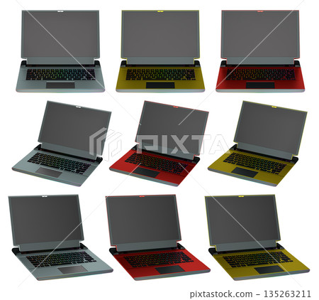Set of modern laptops with rgb lights isolated on white background with clipping path. Set of modern laptops with rgb lights isolated on white background with clipping path. 135263211