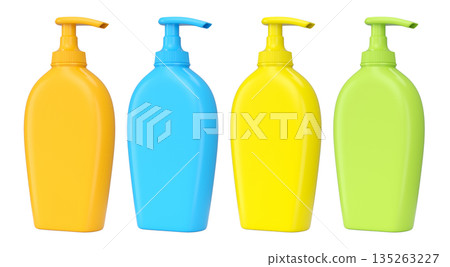 Set of sunscreens bottle or sunblock cream tube on white background. 135263227