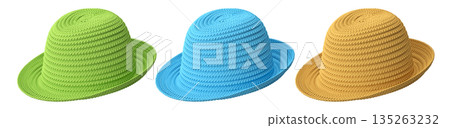 Set of woven straw hats shown from different angles isolated on white background, showcasing summer fashion accessories Set of woven straw hats shown from different angles isolated on white background, showcasing summer fashion accessories 135263232