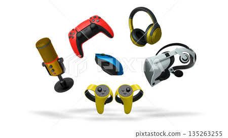 Gaming accessories including VR headset, controllers, mouse, headphones, and mic isolated on white background with clipping path Gaming accessories including VR headset, controllers, mouse, headphones, and mic isolated on white background with clipping path 135263255