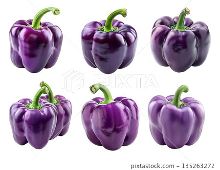 Set of Purple bell pepper with green stem isolated on a white background Set of Purple bell pepper with green stem isolated on a white background 135263272
