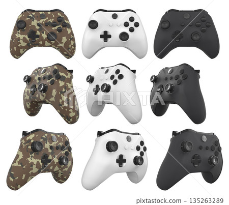 Collection of gaming controllers isolated on white background with clipping path 135263289