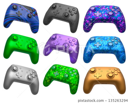 Collection of gaming controllers isolated on white background with clipping path 135263294