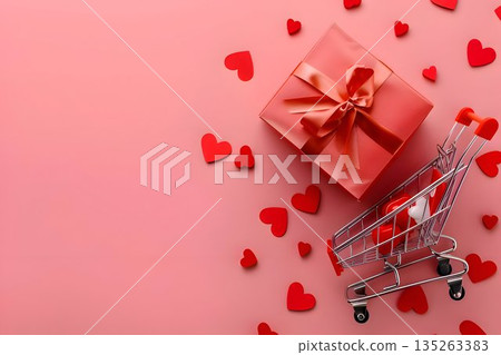 Valentine Day sale concept shopping trolley with red gift box and satin ribbon bow 135263383