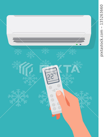 Hand holds air conditioner remote control and adjusts room temperature stock illustration. Hand holds air conditioner remote control and adjusts room temperature stock illustration. 135263660