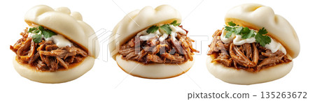 Set of Polynesian steamed bao bun filled with shredded pork, creamy sauce, and cilantro, on white background, Polynesian Snacks 135263672