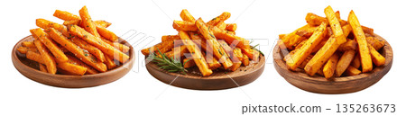 Set of Kumara sweet potato fries with black pepper and herbs on wooden plate, on white, concept of New Zealand fast food snack Set of Kumara sweet potato fries with black pepper and herbs on wooden plate, on white, concept of New Zealand fast food snack 135263673
