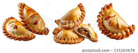 Fried baked pastry empanadas filled with ground beef cheese ham and crimped edges, isolated on white background Fried baked pastry empanadas filled with ground beef cheese ham and crimped edges, isolated on white background 135263679
