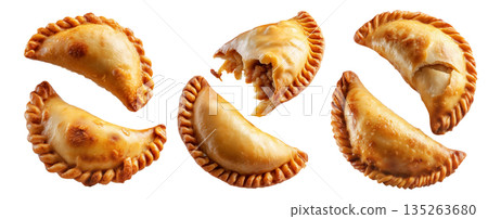 Fried baked pastry empanadas filled with ground beef cheese ham and crimped edges, isolated on white background Fried baked pastry empanadas filled with ground beef cheese ham and crimped edges, isolated on white background 135263680