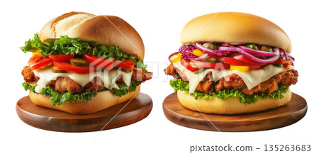 Milanesa chicken sandwich with beef lettuce, tomato, onions, pickles, and sauce isolated on white background, concept of fast food 135263683