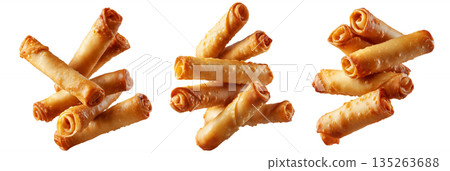 Fried cheese sticks wrapped in dough or spring rolls stacked in pile, isolated on white background, concept of Venezuela snack Fried cheese sticks wrapped in dough or spring rolls stacked in pile, isolated on white background, concept of Venezuela snack 135263688