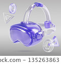 Holographic VR game metaverse glasses p2e technology. Gamer VR headset in transparent purple design. 3D Virtual reality goggles with flying glass buttons on gray render background. 3D illustration 135263863