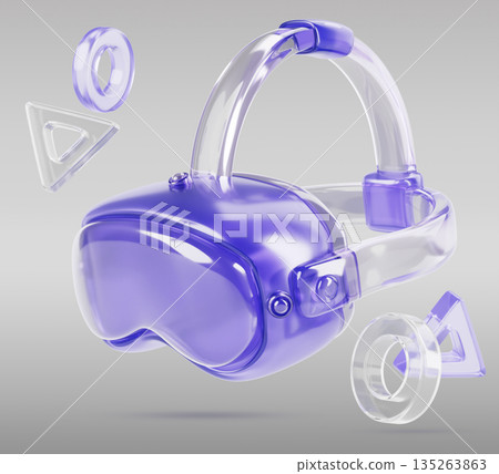 Holographic VR game metaverse glasses p2e technology. Gamer VR headset in transparent purple design. 3D Virtual reality goggles with flying glass buttons on gray render background. 3D illustration Holographic VR game metaverse glasses p2e technology. Gamer VR headset in transparent purple design. 3D Virtual reality goggles with flying glass buttons on gray render background. 3D illustration 135263863
