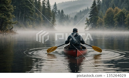 Canoeing deep into the lake 135264029