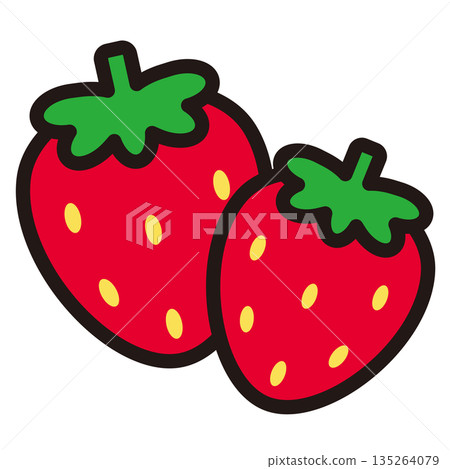 簡潔、可愛、純色，兩顆帶葉子的紅色草莓，線條畫向量插圖圖標 135264079