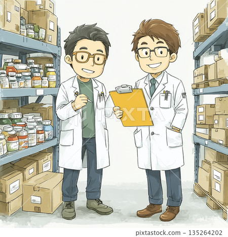 Illustration of researchers and medical staff managing inventory in a warehouse | Accurate management work site 135264202