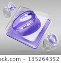 Glass holographic gaming mouse flying on mousepad with buttons on gray 3d render background. Optical wireless computer mice - transparent purple design for video games on laptop or pc. 3D illustration 135264352