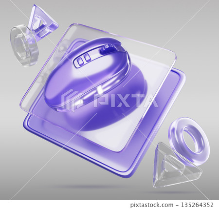 Glass holographic gaming mouse flying on mousepad with buttons on gray 3d render background. Optical wireless computer mice - transparent purple design for video games on laptop or pc. 3D illustration 135264352
