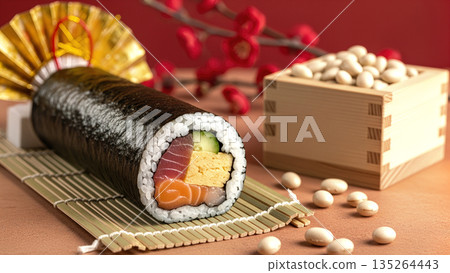 Setsubun Ehomaki and lucky beans A gorgeous Japanese dining table image with a wooden box and plum blossoms February traditional event / good luck background material Setsubun Ehomaki and lucky beans A gorgeous Japanese dining table image with a wooden box and plum blossoms February traditional event / good luck background material 135264443
