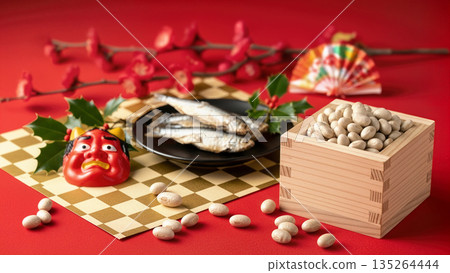 Setsubun, Japanese-style background material of bean-throwing lucky beans and demon masks, holly sardines and plum blossoms, traditional February event Setsubun, Japanese-style background material of bean-throwing lucky beans and demon masks, holly sardines and plum blossoms, traditional February event 135264444