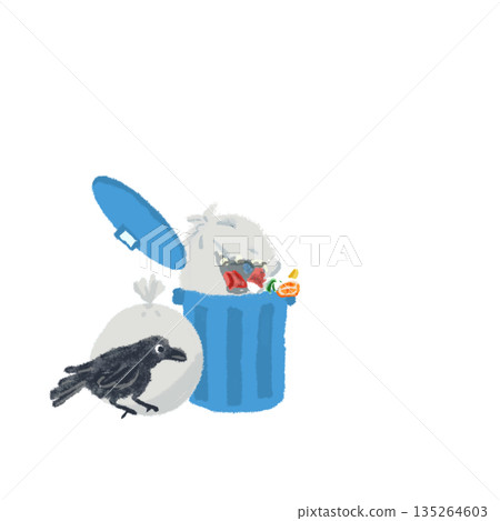 Warning illustration of a crow raiding a trash can Warning illustration of a crow raiding a trash can 135264603