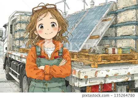 Illustration of a young female engineer managing solar panel transportation | Renewable energy logistics 135264780