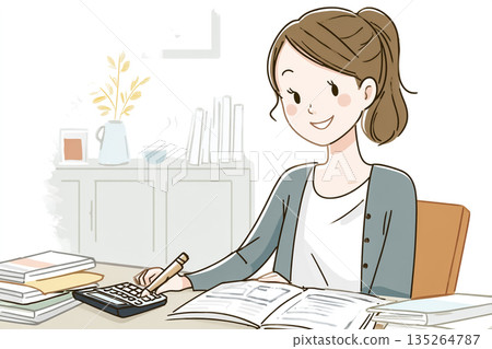 一位年輕女子正在使用計算器進行計算的會計插圖 | 會計和文書工作場景 135264787
