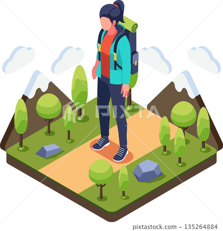 Isometric Solo Traveler Hiking with Backpack on Nature Trail 135264884