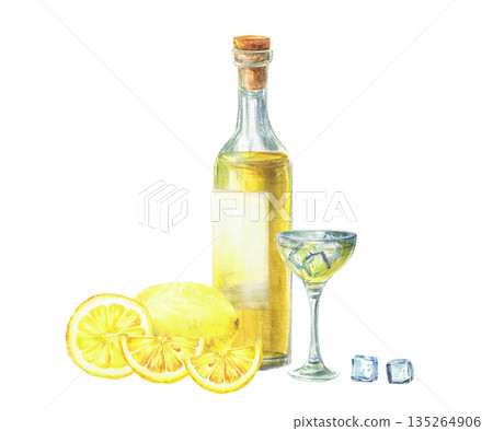 Watercolor limoncello liqueur with drink glass, ice cubes and lemon whole fruit and slices. Hand drawn traditional Italian beverage for bar drinks, cocktail menu Isolated from background illustration Watercolor limoncello liqueur with drink glass, ice cubes and lemon whole fruit and slices. Hand drawn traditional Italian beverage for bar drinks, cocktail menu Isolated from background illustration 135264906