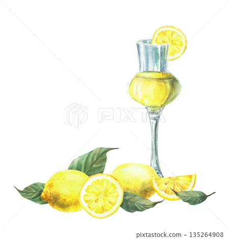 Limoncello bottle, cocktail glass with fresh lemons with leaves, and sliced. Hand painted in watercolor. Illustration for summer drinks menu, themed weddings, branding Mediterranean design. isolated 135264908