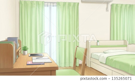 Illustration of a refreshing child's room with a green theme and bright sunlight streaming in 135265071