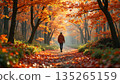 Walking along a mountain path lined with beautifully colored autumn leaves 135265159