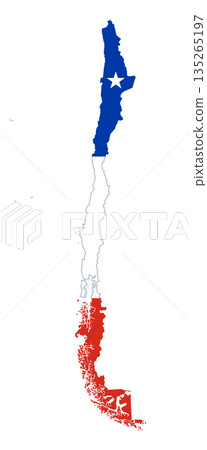 Chile flag in country silhouette. Outlines of the Republic of Chile, with the stylistic elements of the national flag, a white five-pointed star, and the colors blue, white and red. Isolated. Vector 135265197