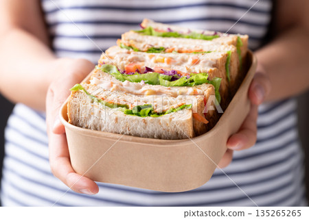 Sandwich tuna mayonnaise with whole wheat bread, lettuce, carrot, tomato and purple cabbage 135265265