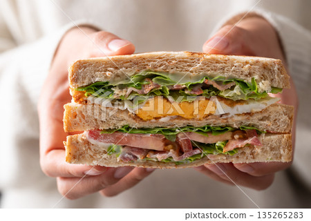 Whole wheat bread sandwich with bacon, lettuce, tomato and fried egg holding by woman hand 135265283
