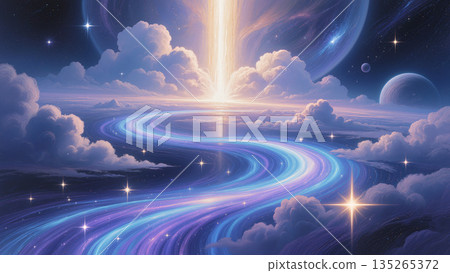 soft glowing trail through starry skies, dreamlike route illuminated by pastel galaxy colors and starlight 135265372