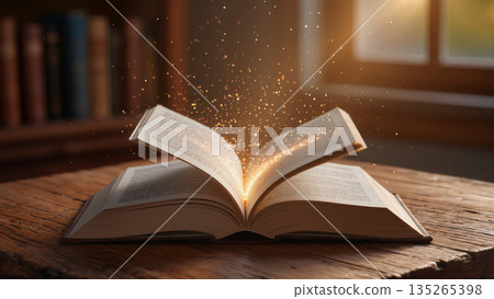 enchanted library with glowing dust, cozy study environment with ancient leather book and floating sparks 135265398