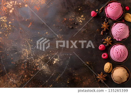 Try Rustic Ice Cream and Fresh Raspberries on a Dark Background, a delicious dessert 135265399