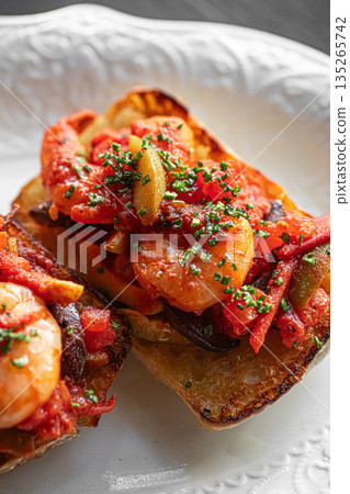 Bruschetta with shrimp tomato sauce on toast Bruschetta with shrimp tomato sauce on toast 135265742
