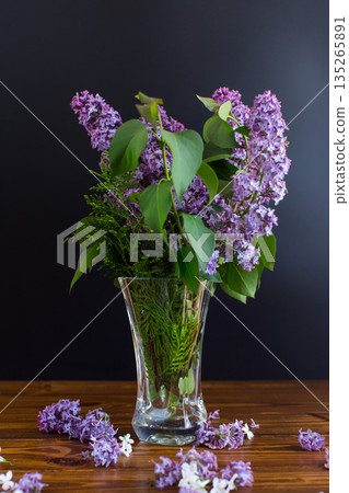beautiful bouquet of lilacs in a vase on a black background beautiful bouquet of lilacs in a vase on a black background 135265891